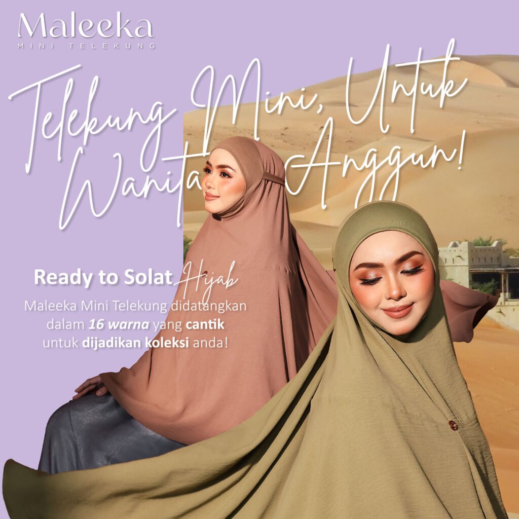Maleeka Mini Telekung dalam warna teh tarik dan khaki dengan latar gurun. Telekung mini, untuk wanita anggun