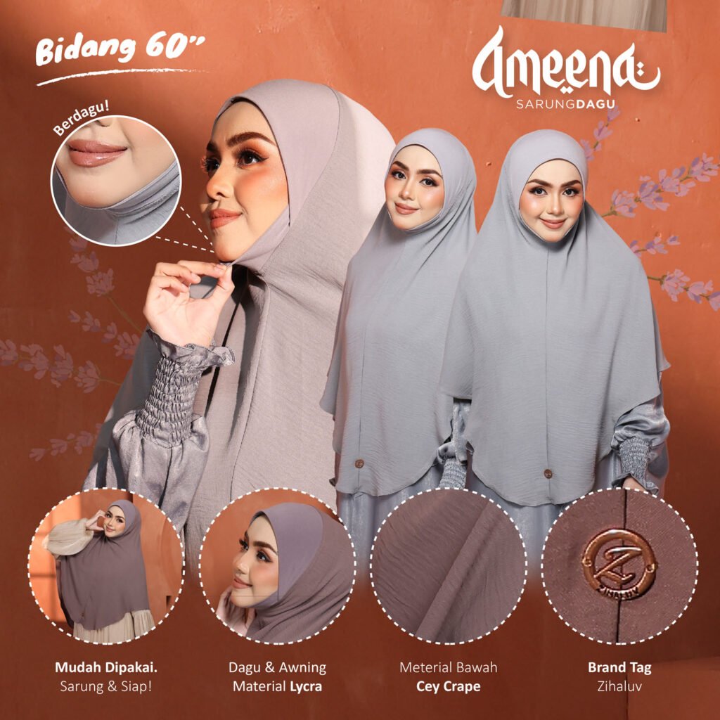 Butiran Ameena: berdagu, mudah dipakai sarung dan siap, dagu dan awning material lycra, material bawah cey crape, brand tag Zihaluv