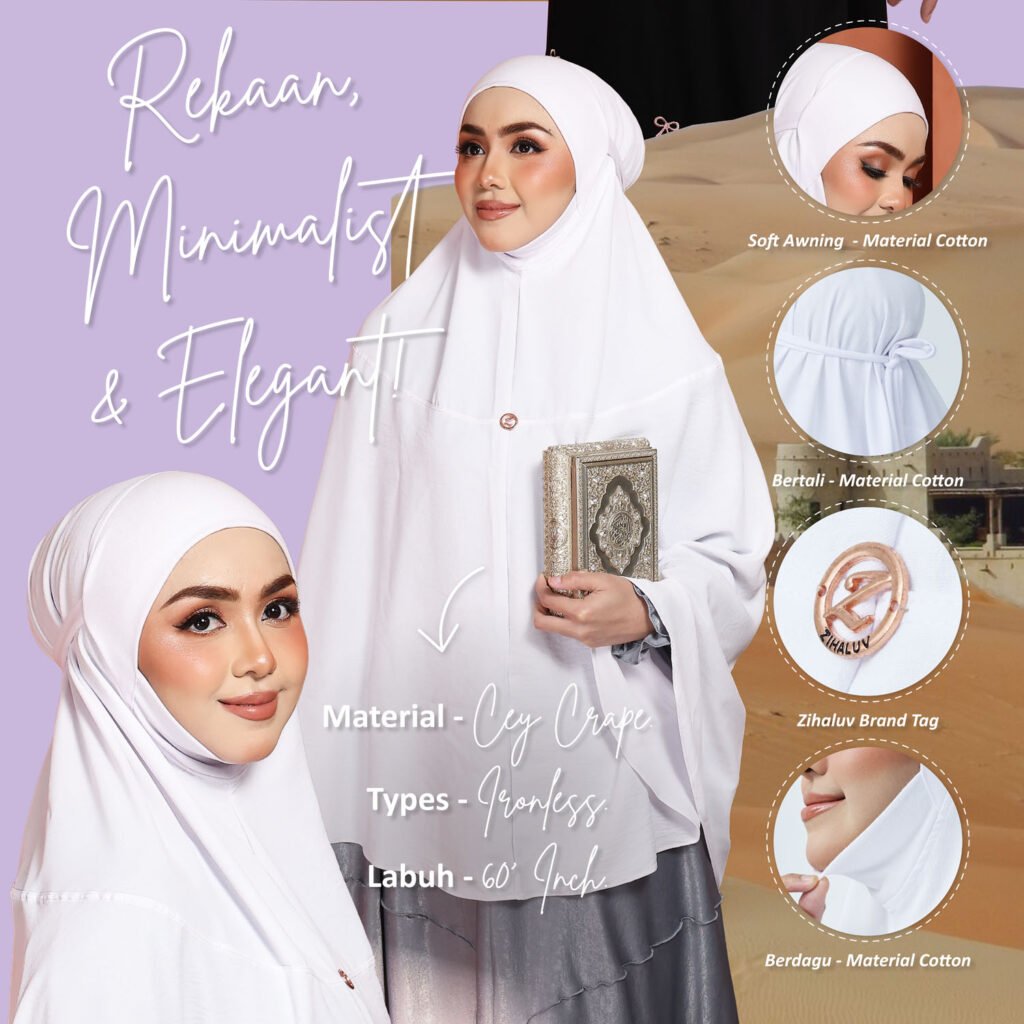 Rekaan minimalist dan elegant: soft awning cotton, bertali, brand tag Zihaluv dan berdagu. Material cey crepe, ironless, labuh 60 inci