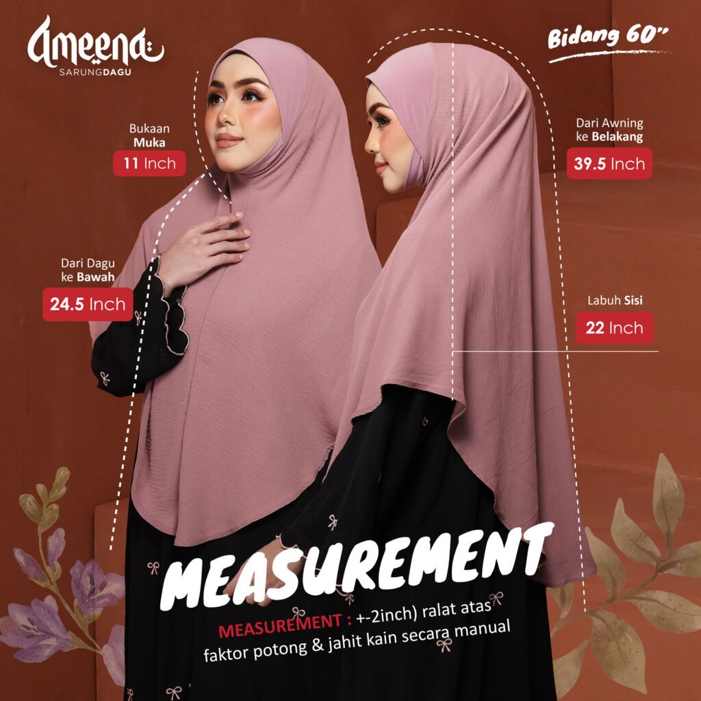 Panduan ukuran Ameena bidang 60 inci: bukaan muka 11 inch, dari awning ke belakang 39.5 inch, dari dagu ke bawah 24.5 inch, labuh sisi 22 inch