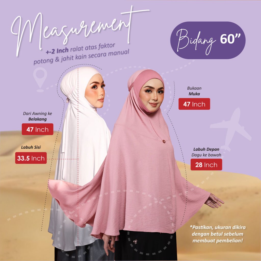 Panduan ukuran Maleeka bidang 60 inci: bukaan muka 47 inch, awning ke belakang 47 inch, labuh sisi 33.5 inch, labuh depan 28 inch