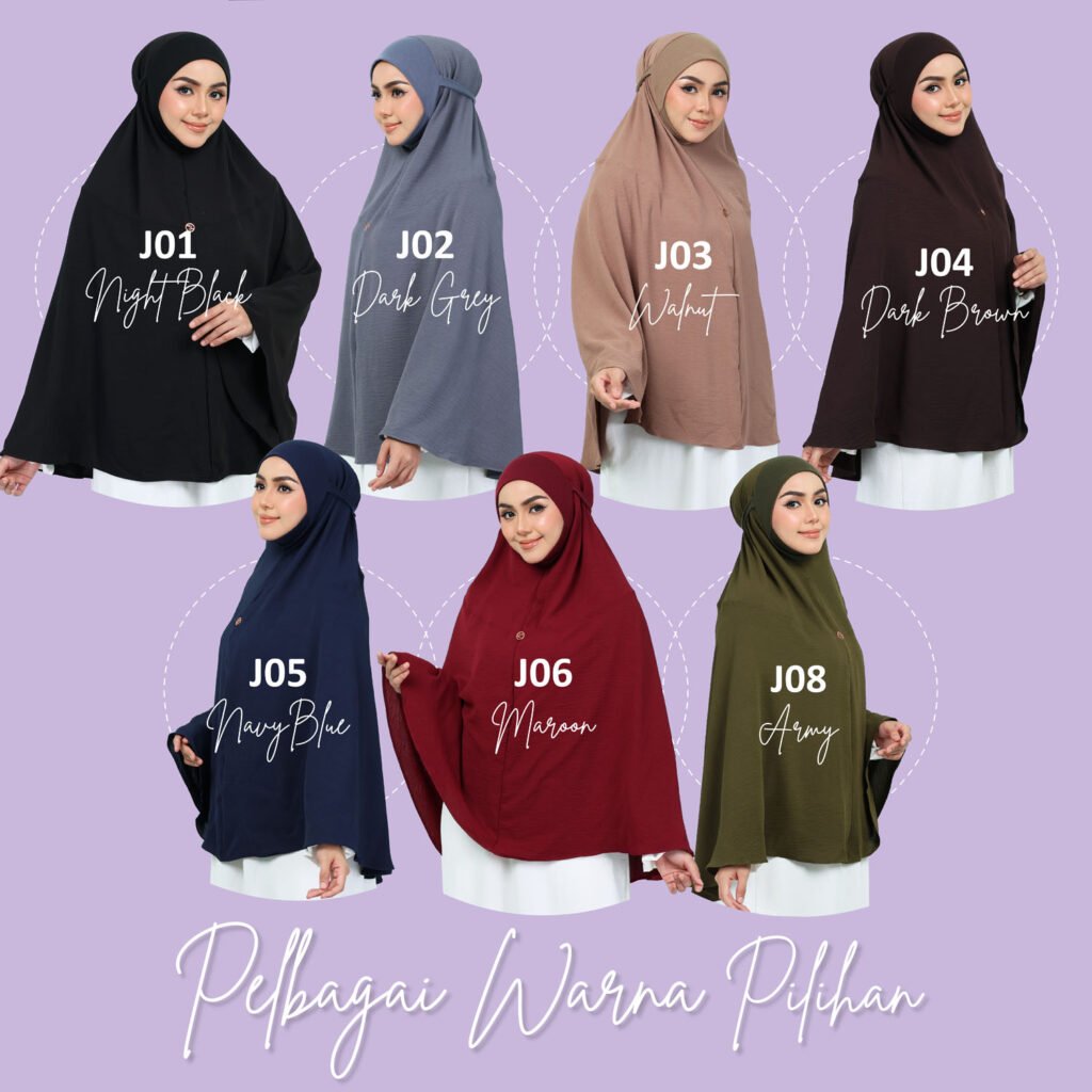 Panduan warna J01 Night Black, J02 Dark Grey, J03 Walnut, J04 Dark Brown, J05 Navy Blue, J06 Maroon, J08 Army
