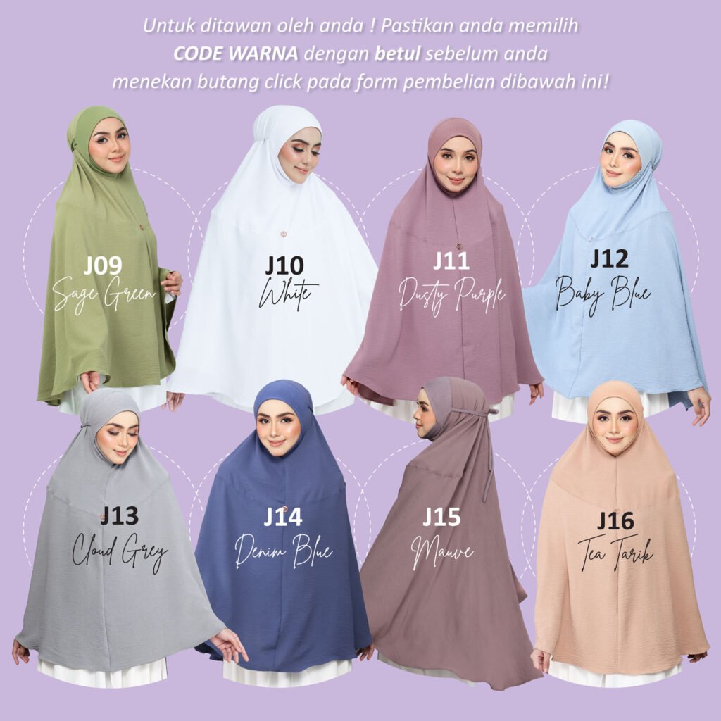 Panduan warna J09 Sage Green, J10 White, J11 Dusty Purple, J12 Baby Blue, J13 Cloud Grey, J14 Denim Blue, J15 Mauve, J16 Teh Tarik