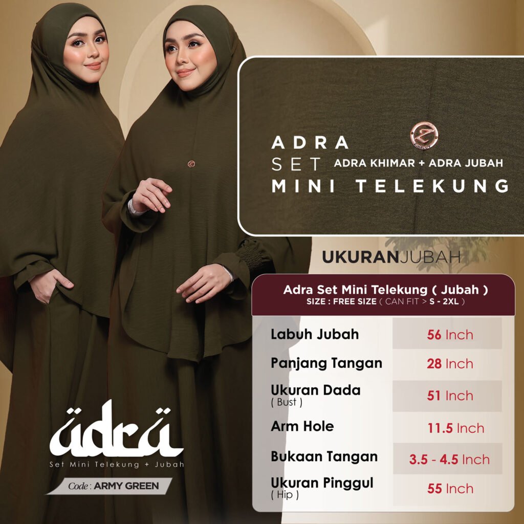 Ukuran jubah Adra free size, boleh muat S hingga 2XL