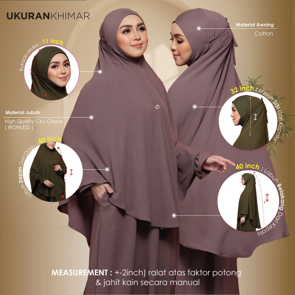 Ukuran khimar Adra: bukaan muka 11 inch, labuh sisi 32 inch, labuh depan 40 inch, labuh belakang 40 inch