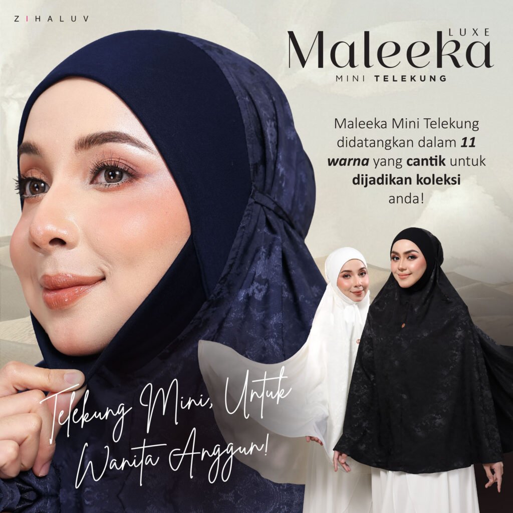 Maleeka Luxe Mini Telekung dalam warna navy blue, putih dan hitam