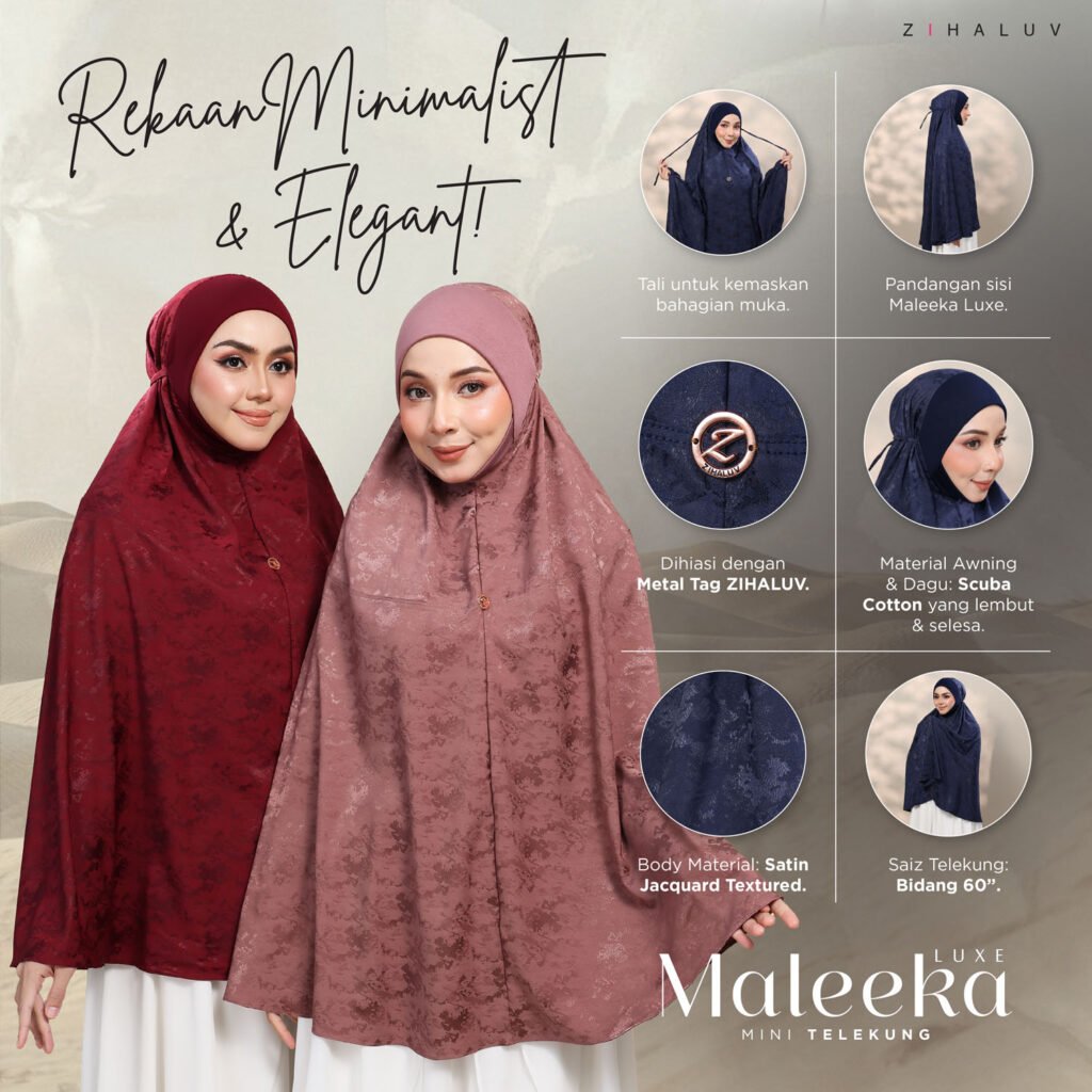 Rekaan minimalist dan elegant: tali, metal tag ZIHALUV, awning scuba cotton dan body satin jacquard textured