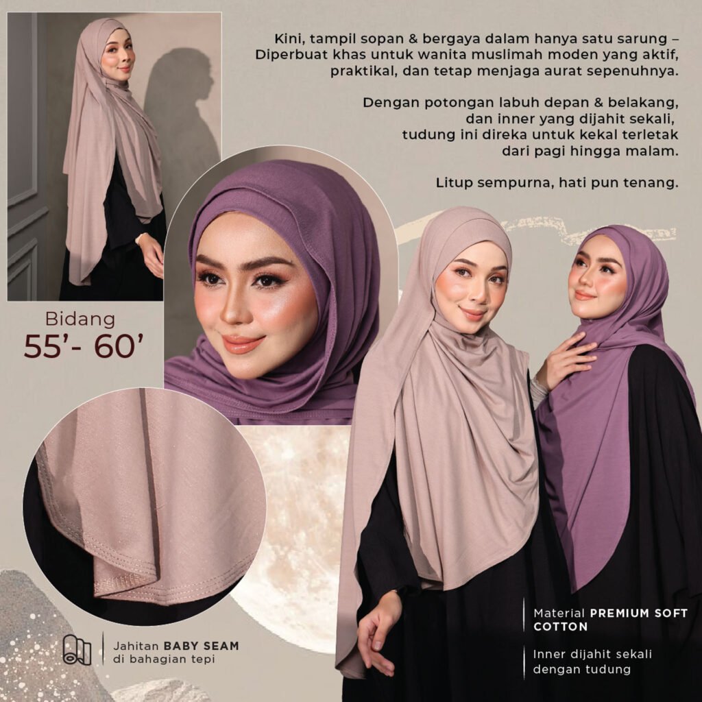 Maya Bawal Inner bidang 55 hingga 60 inci, jahitan baby seam dan inner dijahit sekali dengan tudung