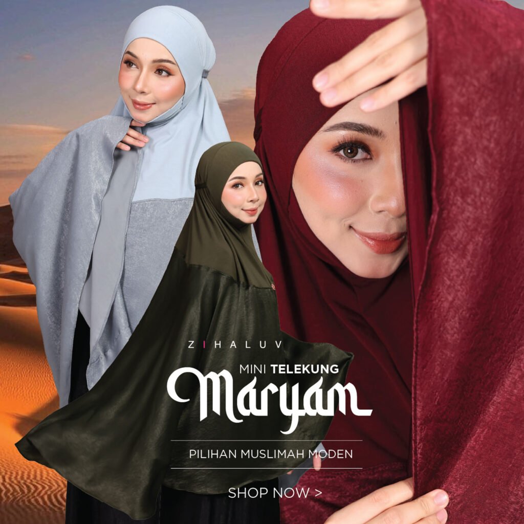 Maryam Mini Telekung dalam warna biru kelabu, hijau olive dan merah maroon dengan latar gurun. Pilihan muslimah moden