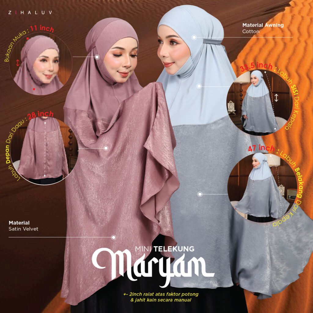Panduan ukuran Maryam: bukaan muka 11 inch, labuh sisi 33.5 inch, labuh depan 28 inch, labuh belakang 47 inch, bahan satin velvet