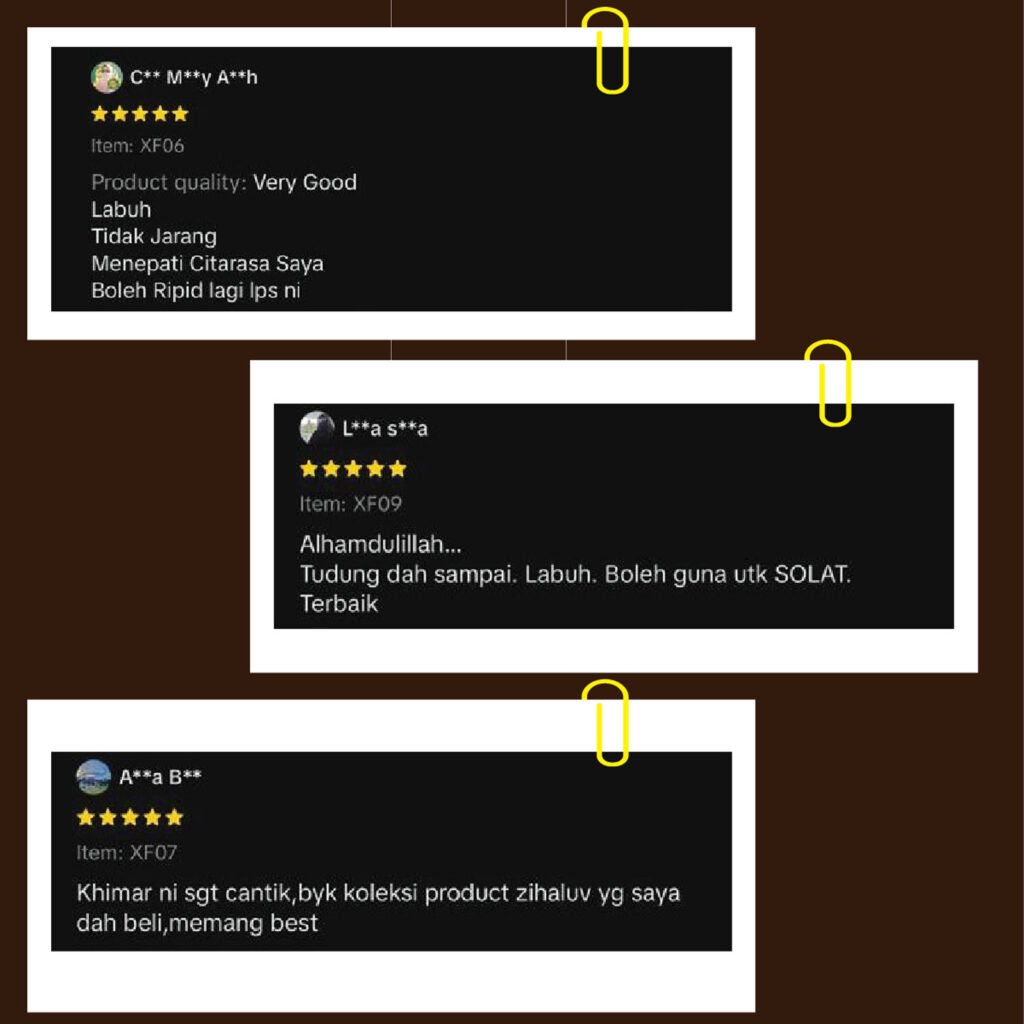 Feedback customer zihaluv: kualiti sangat baik, labuh, tidak jarang, boleh guna untuk solat