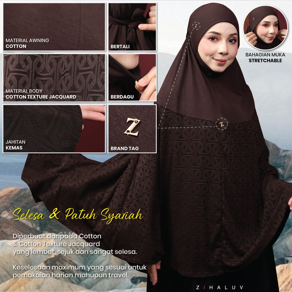 Selesa dan patuh syariah. Material awning cotton, bertali, body cotton texture jacquard, berdagu, jahitan kemas dan brand tag Z