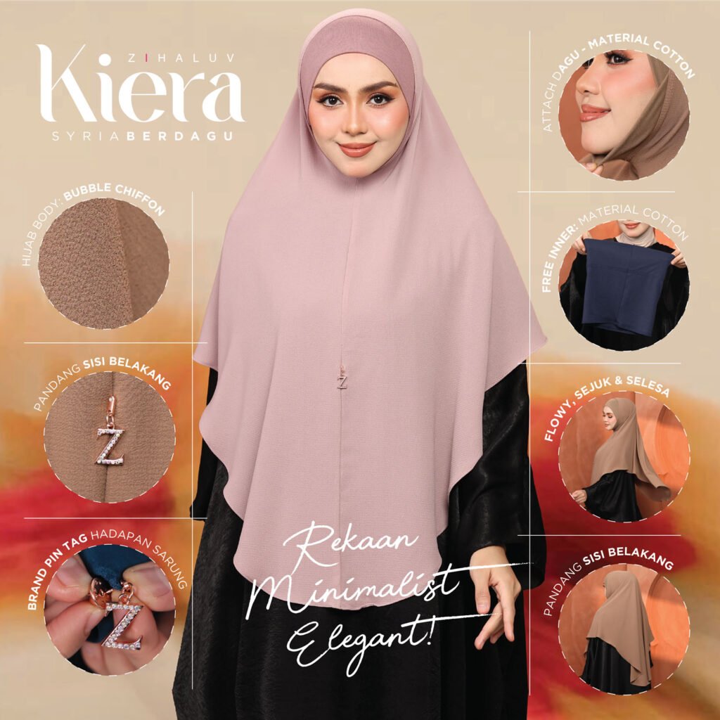 Rekaan minimalist elegant Kiera: hijab body bubble chiffon, attach dagu dan free inner material cotton, brand pin tag Z, flowy sejuk dan selesa