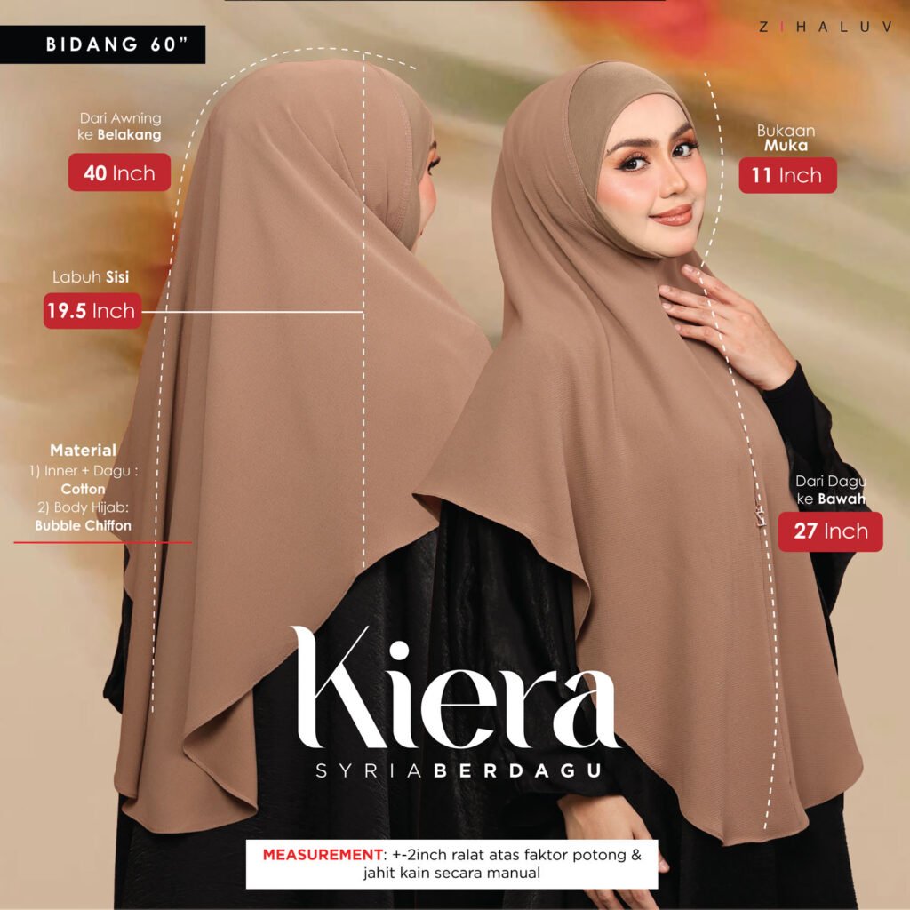 Panduan ukuran Kiera bidang 60 inci: dari awning ke belakang 40 inch, bukaan muka 11 inch, labuh sisi 19.5 inch, dari dagu ke bawah 27 inch