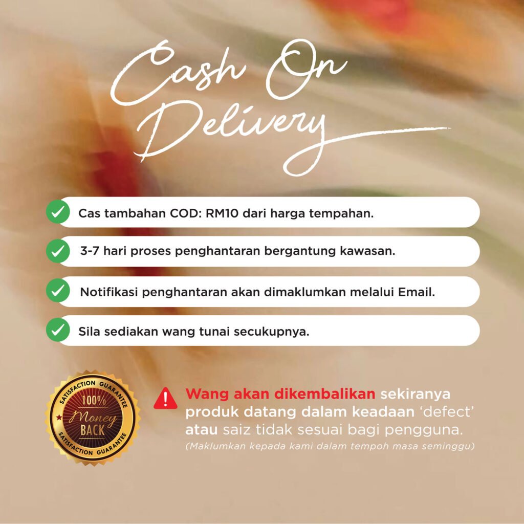 Cash on delivery Kiera Syria Berdagu. Caj tambahan COD RM10, 3 hingga 7 hari penghantaran, notifikasi melalui email