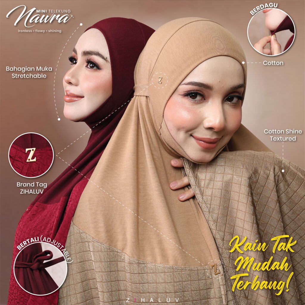 Details Nawra Mini Telekung: awning berdagu cotton, bahagian muka stretchable, brand tag Zihaluv, bertali adjustable dan cotton shine textured