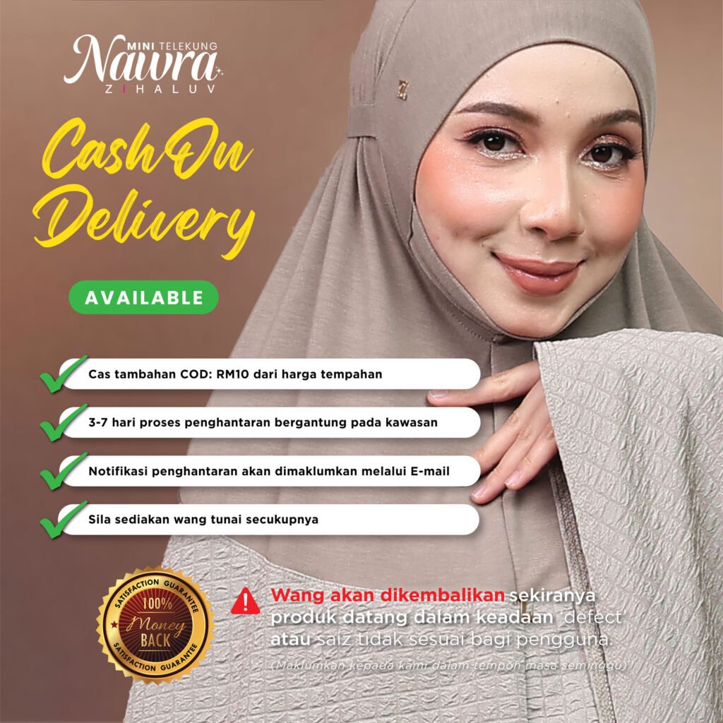 Cash on delivery Nawra Mini Telekung. Caj tambahan COD RM10, 3 hingga 7 hari penghantaran, notifikasi melalui e-mel