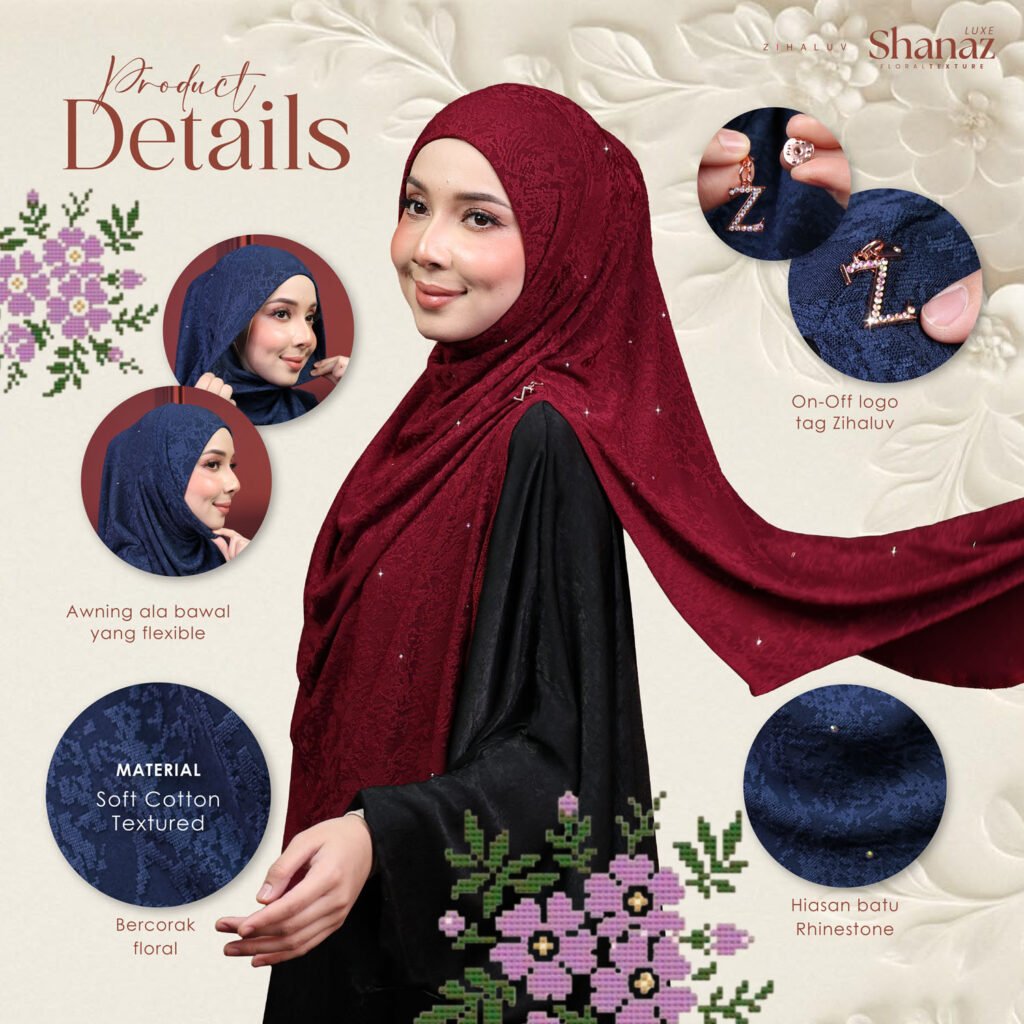 Product details: awning ala bawal, material soft cotton textured, corak floral, logo tag Z dan batu rhinestone