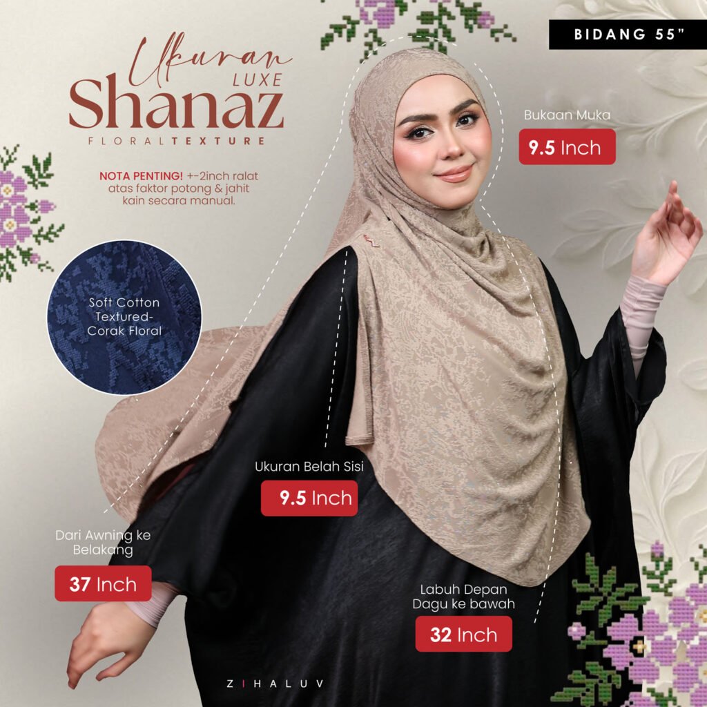 Panduan ukuran Shanaz Luxe bidang 55 inci: bukaan muka 9.5 inch, belah sisi 9.5 inch, awning ke belakang 37 inch, labuh depan 32 inch