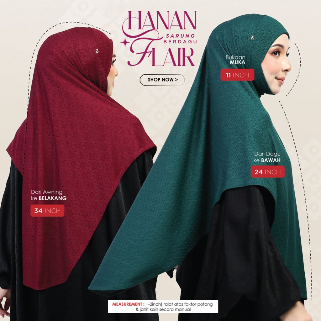Panduan ukuran Hanan Flair: bukaan muka 11 inch, dari dagu ke bawah 24 inch, dari awning ke belakang 34 inch