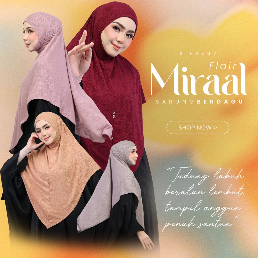 Miraal Flair Sarung Berdagu dalam warna dusty pink, maroon, carrot dan stone grey. Tudung labuh beralun lembut, tampil anggun penuh santun