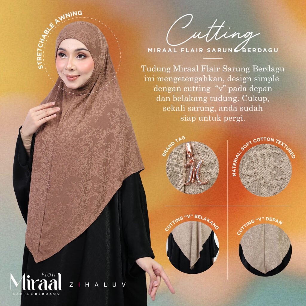 Cutting Miraal Flair Sarung Berdagu: awning stretchable, brand tag, material soft cotton textured, cutting V belakang dan cutting V depan