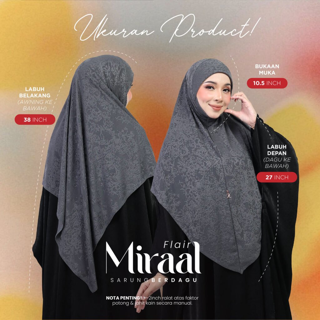 Ukuran product Miraal Flair: bukaan muka 10.5 inch, labuh belakang 38 inch (awning ke bawah), labuh depan 27 inch (dagu ke bawah)