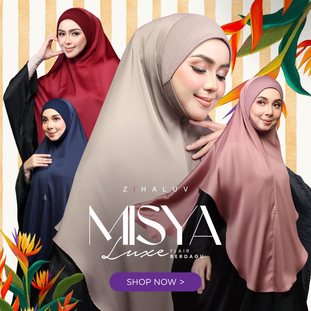 Misya Luxe Flair Berdagu dalam warna silver, maroon, navy dan belacan dengan latar bunga burung syurga. Satin berkilat dengan ilusi luxury