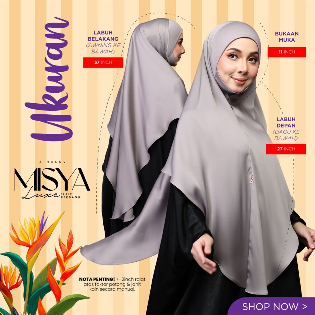 Ukuran Misya Luxe: bukaan muka 11 inch, labuh belakang 37 inch (awning ke bawah), labuh depan 27 inch (dagu ke bawah)