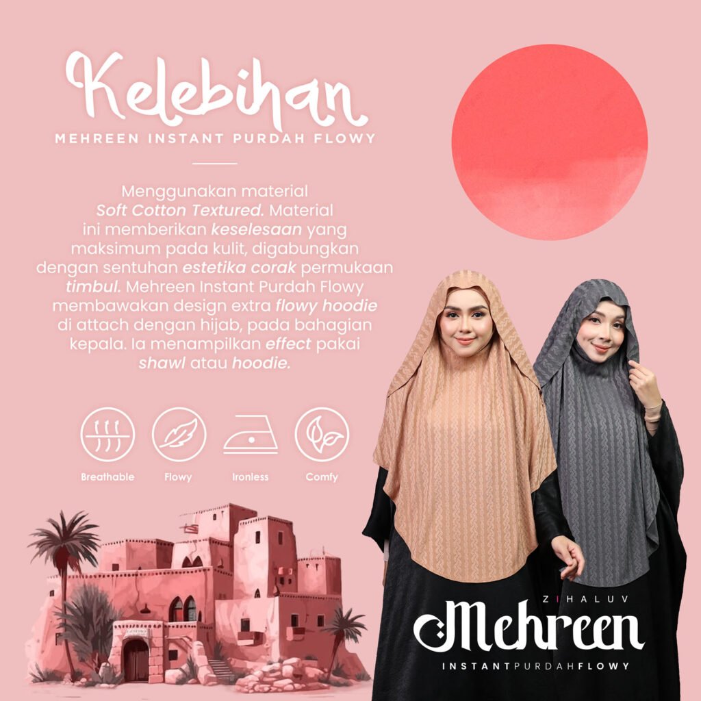 Kelebihan Mehreen Instant Purdah Flowy: material soft cotton textured, breathable, flowy, ironless dan comfy, dengan design extra flowy hoodie