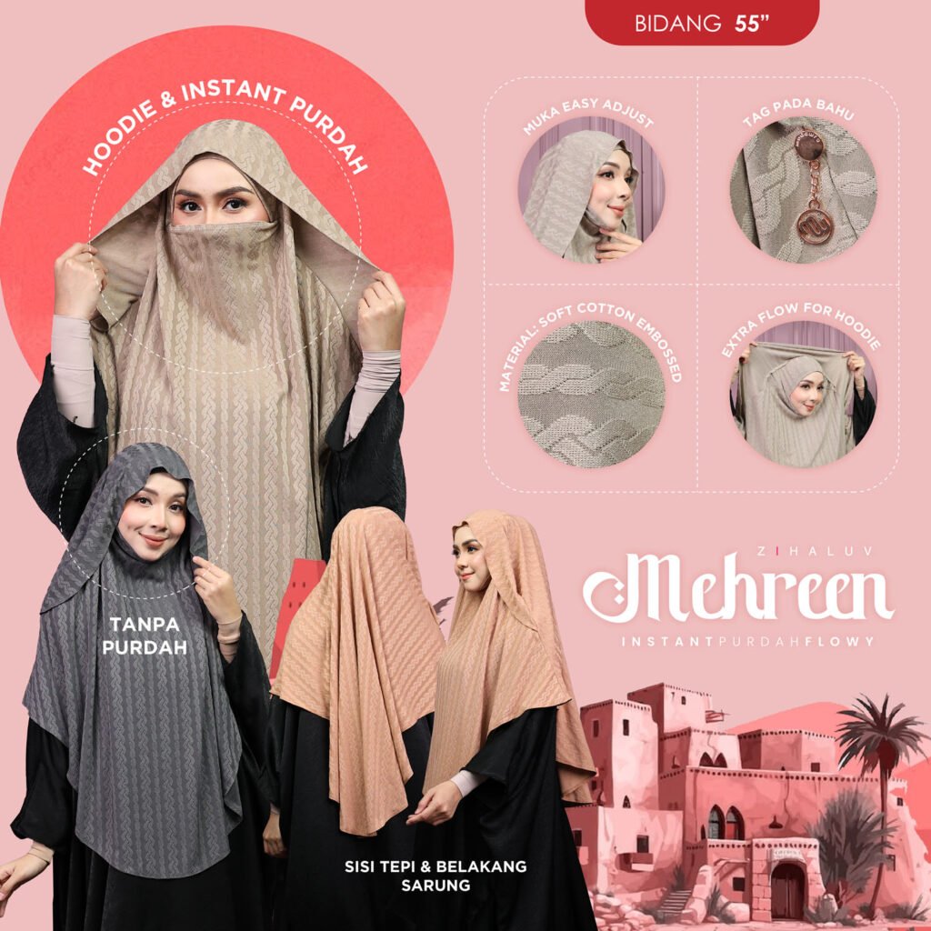 Hoodie dan instant purdah. Muka easy adjust, tag pada bahu, material soft cotton embossed, extra flow for hoodie. Tanpa purdah, sisi tepi dan belakang sarung. Bidang 55 inci