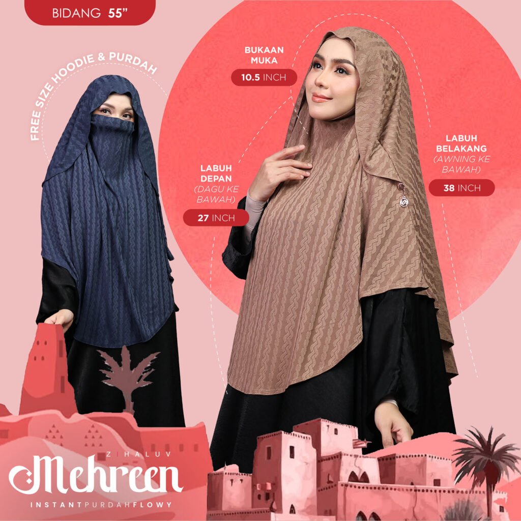Panduan ukuran Mehreen bidang 55 inci: bukaan muka 10.5 inch, labuh depan 27 inch (dagu ke bawah), labuh belakang 38 inch (awning ke bawah). Free size hoodie dan purdah