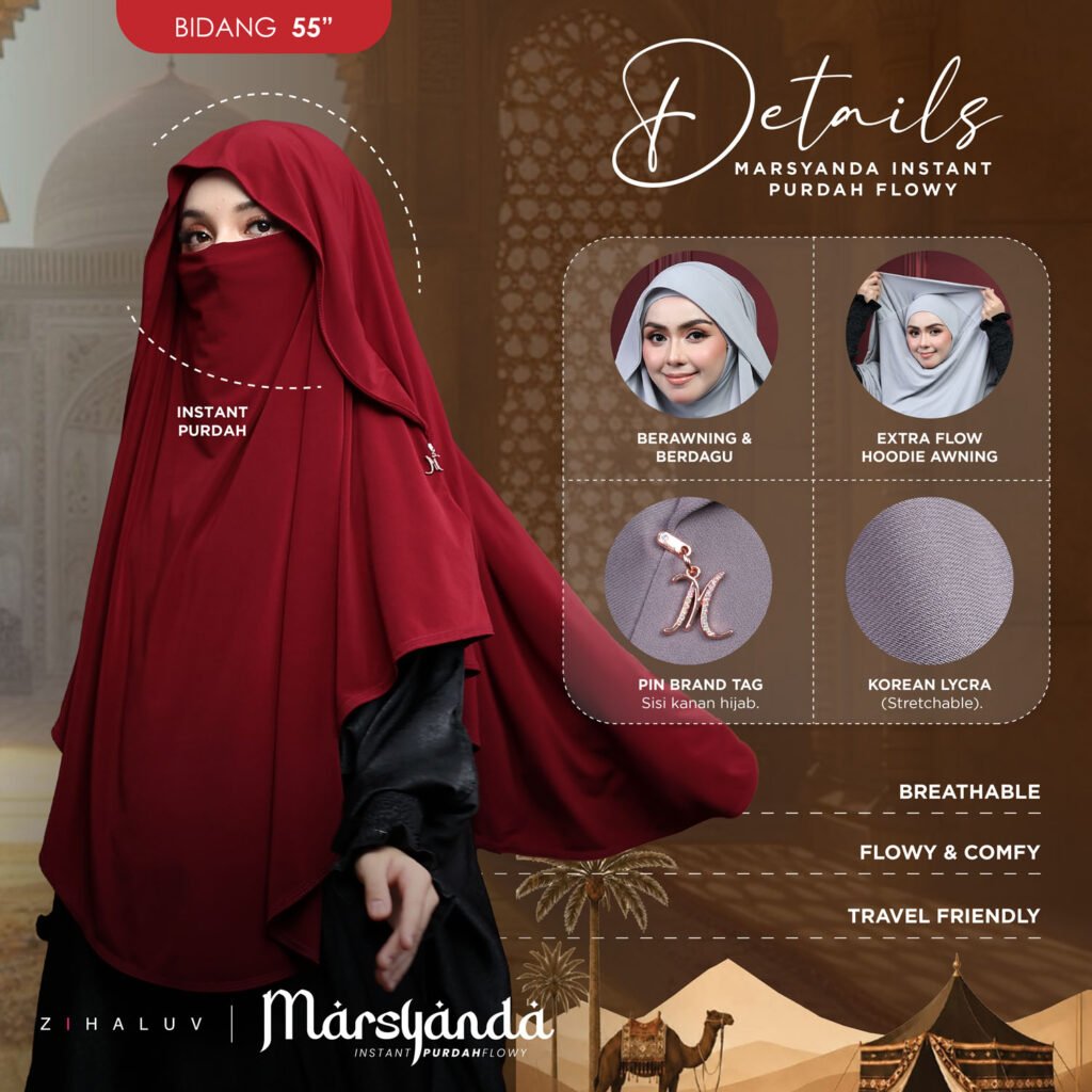 Details Marsyanda: berawning dan berdagu, extra flow hoodie awning, pin brand tag di sisi kanan hijab dan Korean Lycra yang stretchable