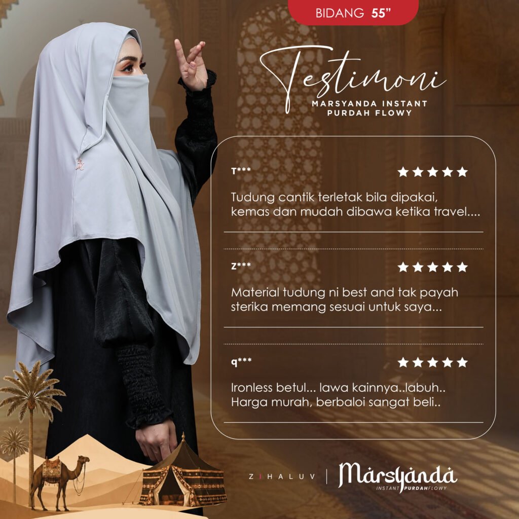 Testimoni pelanggan Marsyanda: tudung cantik, kemas, mudah dibawa ketika travel, ironless dan harga berbaloi