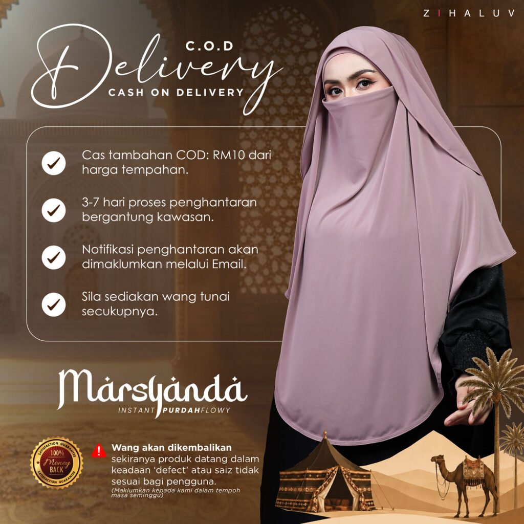 Cash on delivery Marsyanda. Caj tambahan COD RM10, 3 hingga 7 hari penghantaran, notifikasi melalui e-mel